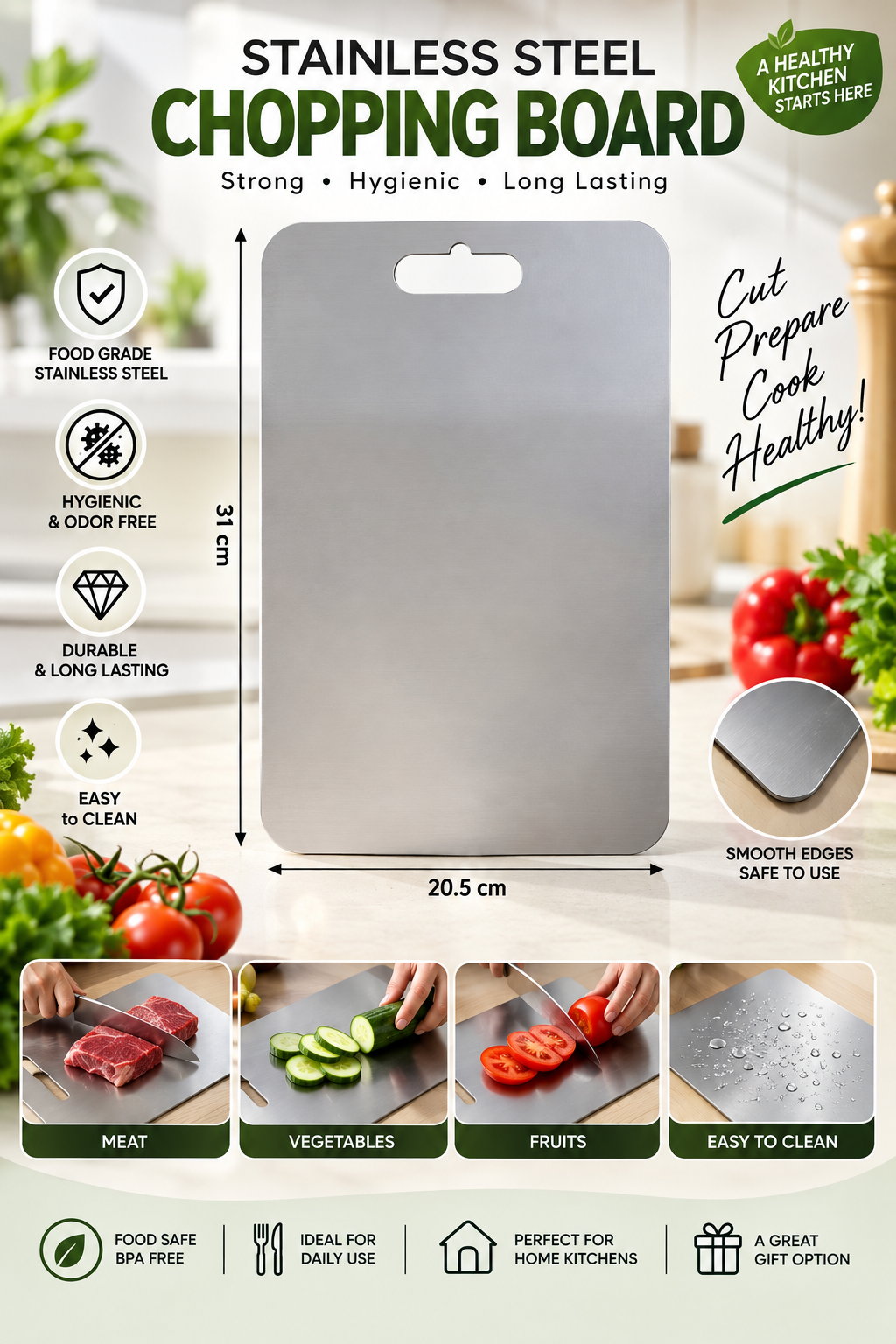 Large Stainless Steel Chopping Cutting Board (1 Pc)-31 x 20.5