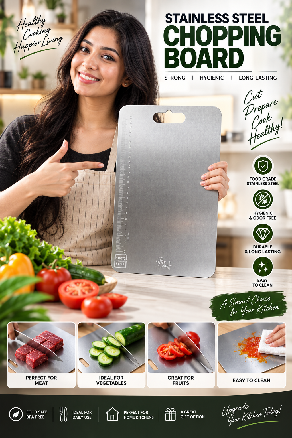 Large Stainless Steel Chopping Cutting Board (1 Pc)-31 x 20.5