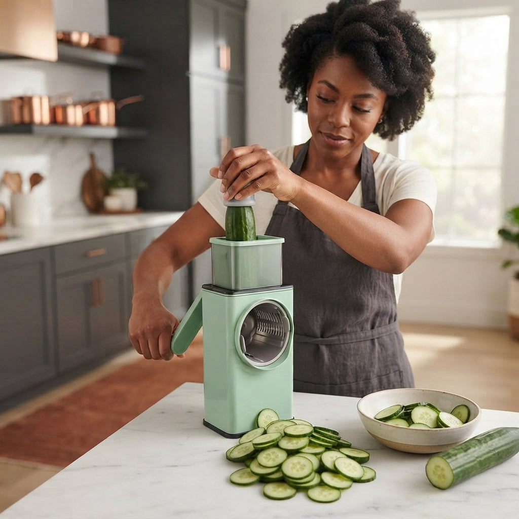 A diverse person slicing fresh cucumber into thin, uniform rounds using a stainless steel vegetable chopper in a modern kitch